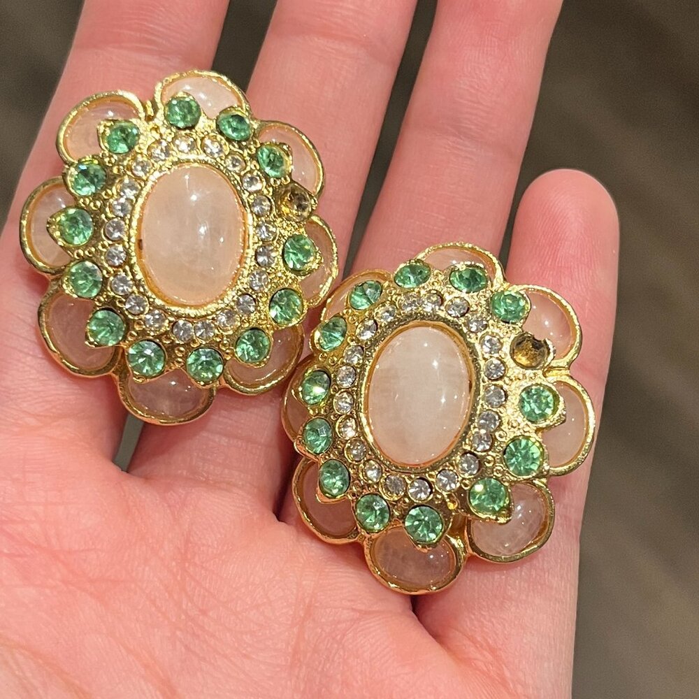 Graziano Vintage Ear Clips-Pink and Green Stones